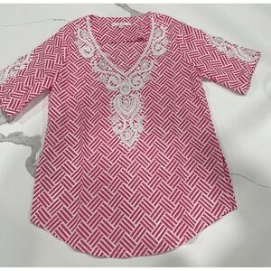 Barbara Gerwit  Womens Beaded Tunic Top White Pink Size M AK93